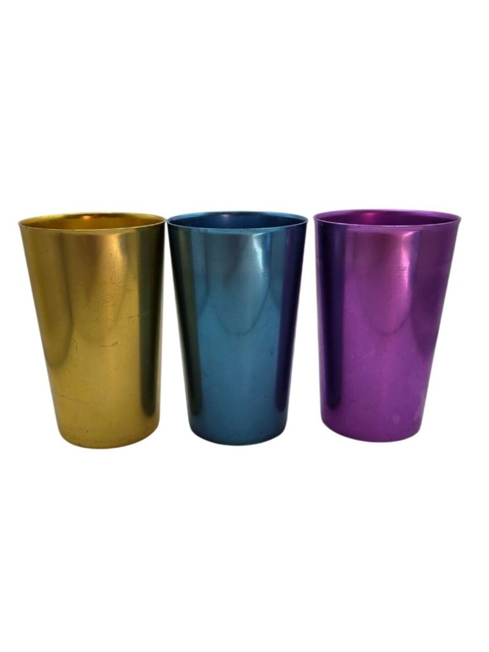 Vtg Basal Aluminum Tumblers Set Of 3 Gold Blue Purple Cocktail Cups Jewel-toned